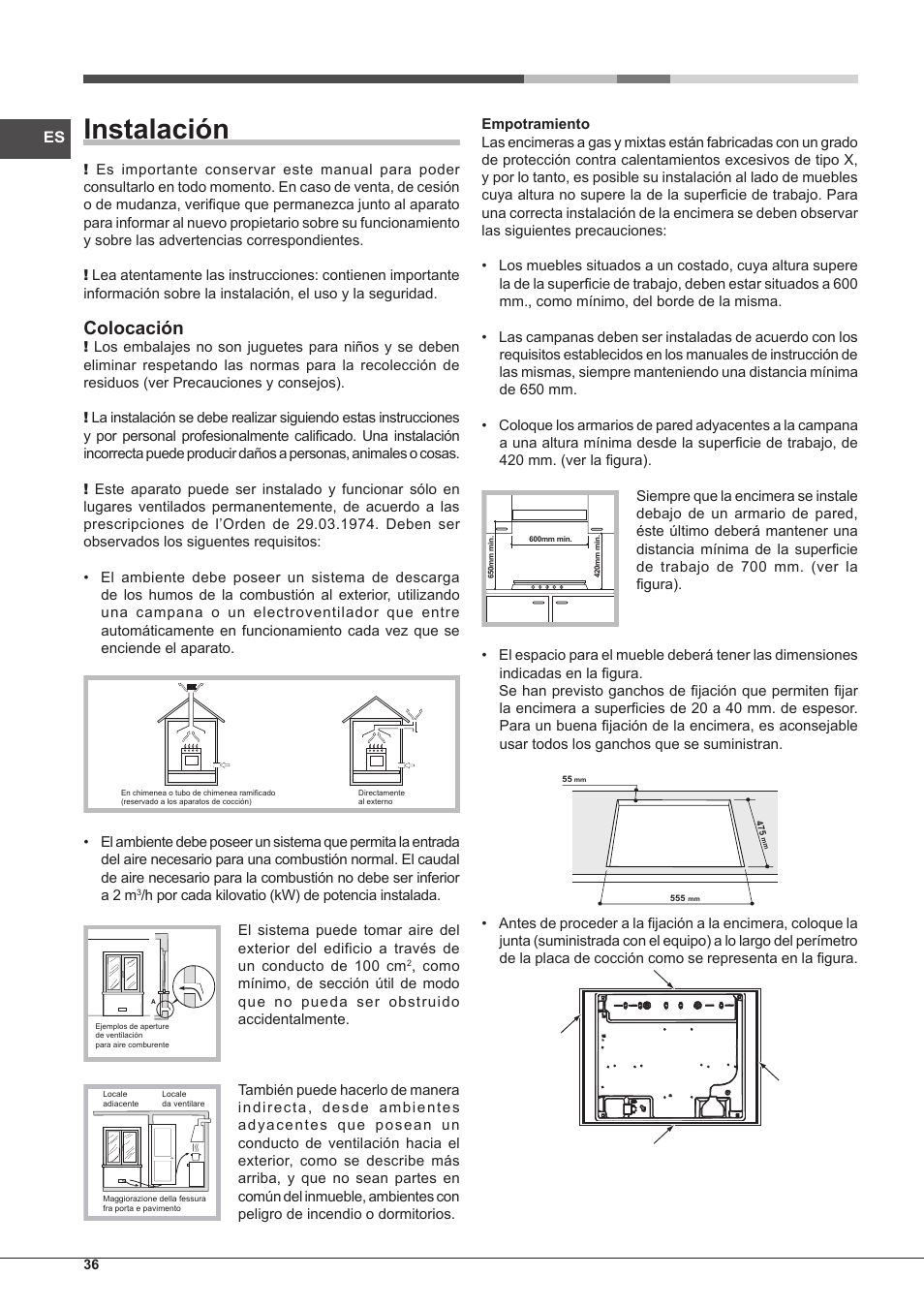 Instalación, Colocación | Hotpoint Ariston PK 755 D GH X-HA User Manual | Page 36 / 80