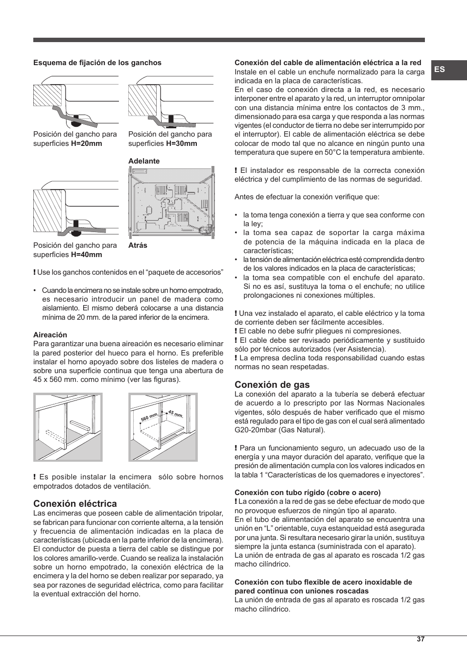 Conexión eléctrica, Conexión de gas | Hotpoint Ariston PK 755 D GH X-HA User Manual | Page 37 / 80
