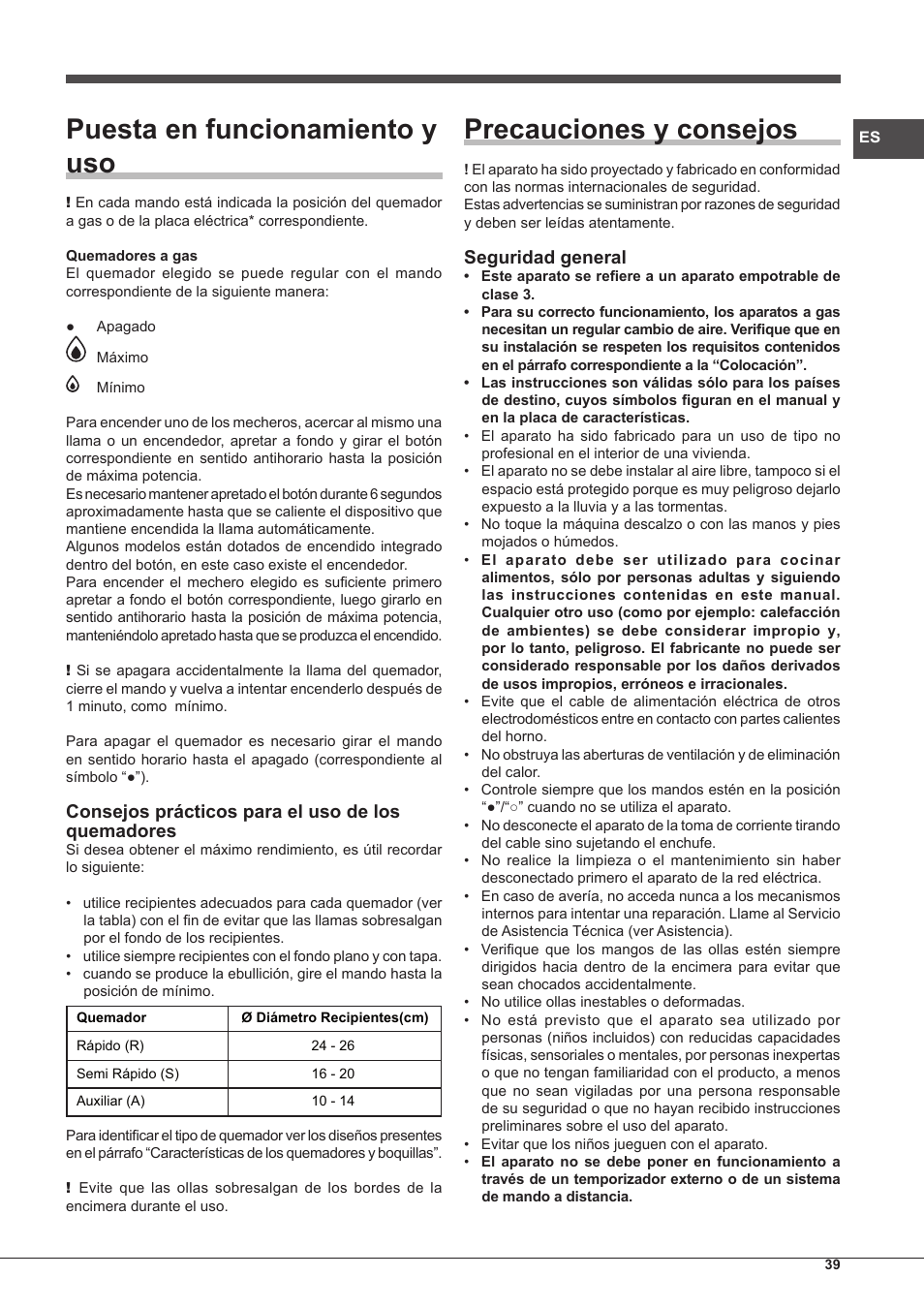 Puesta en funcionamiento y uso, Precauciones y consejos, Consejos prácticos para el uso de los quemadores | Seguridad general | Hotpoint Ariston PK 755 D GH X-HA User Manual | Page 39 / 80