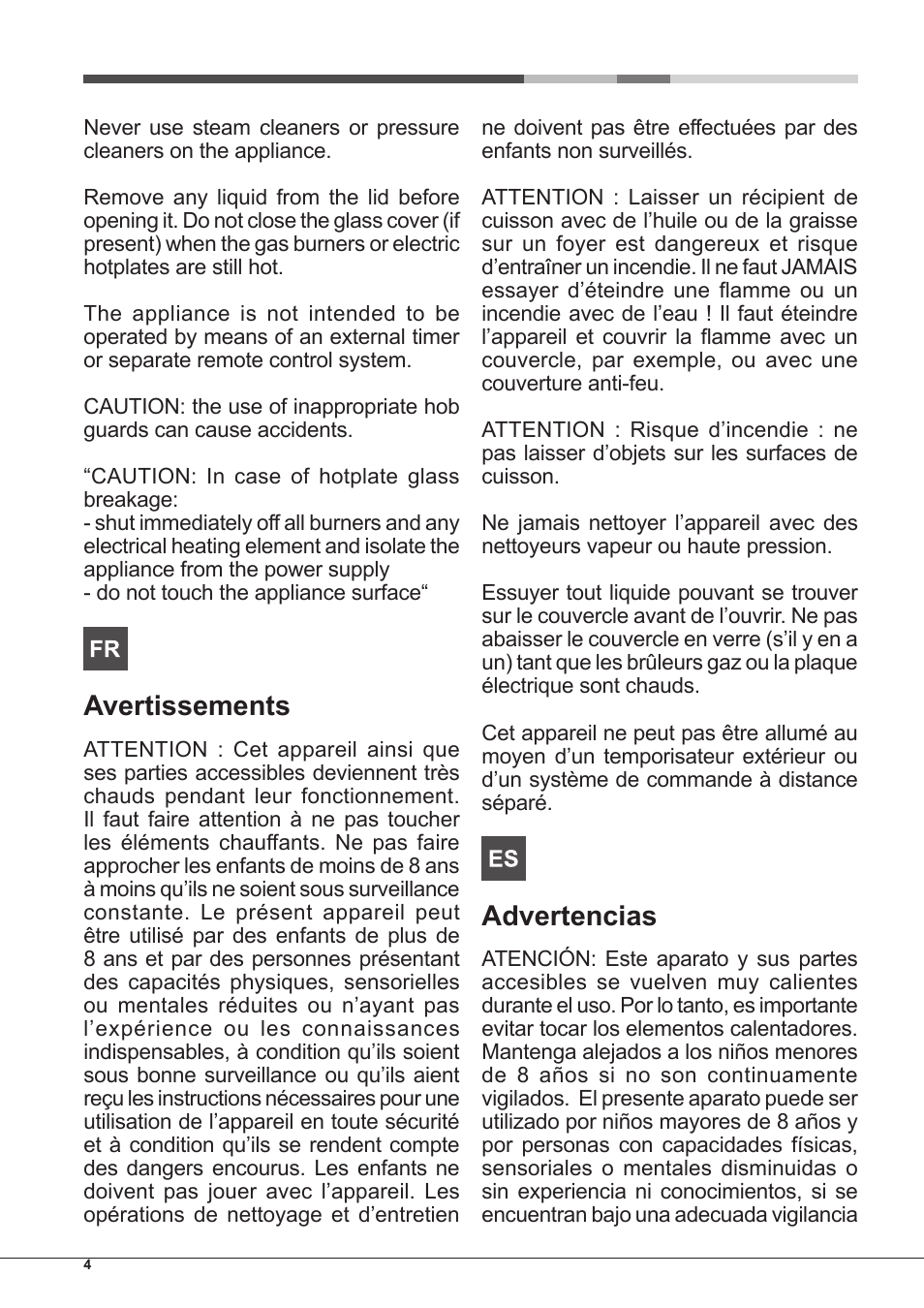 Avertissements, Advertencias | Hotpoint Ariston PK 755 D GH X-HA User Manual | Page 4 / 80