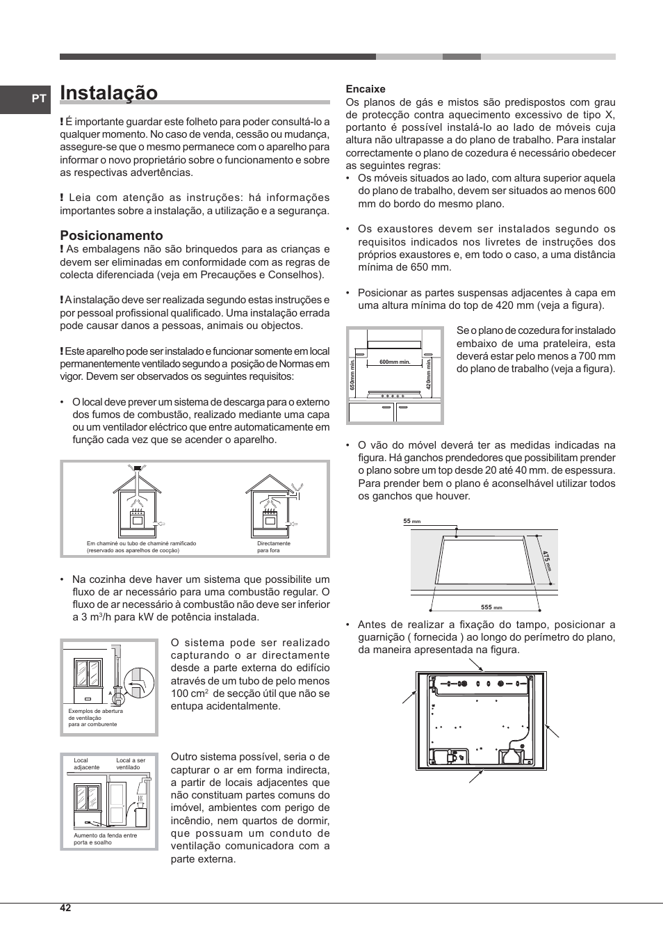 Instalação, Posicionamento | Hotpoint Ariston PK 755 D GH X-HA User Manual | Page 42 / 80