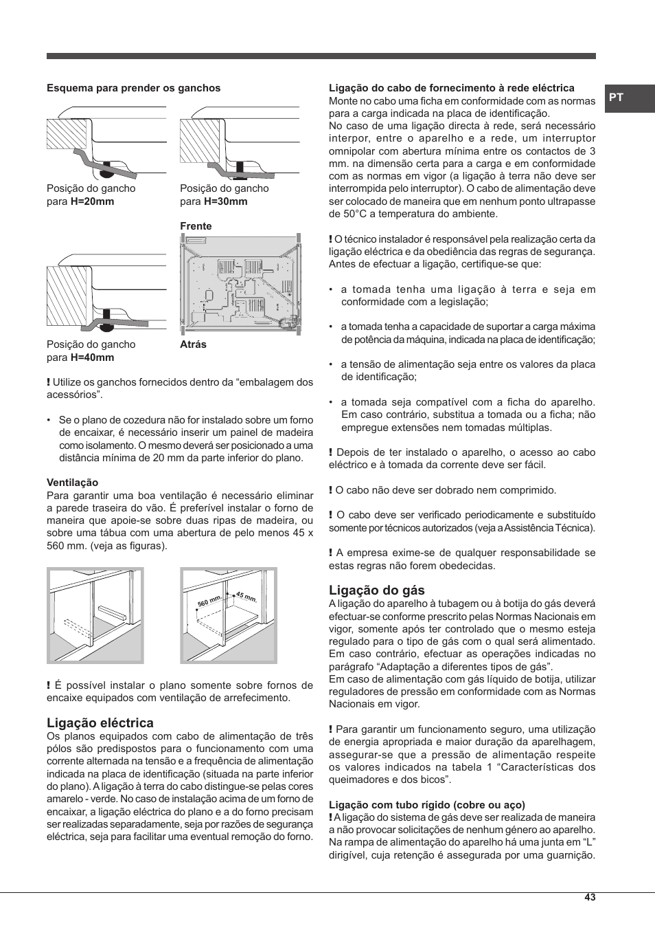 Ligação eléctrica, Ligação do gás | Hotpoint Ariston PK 755 D GH X-HA User Manual | Page 43 / 80