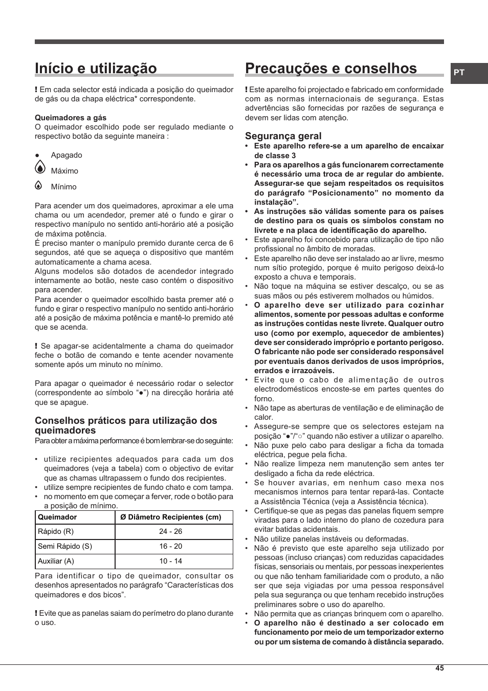 Início e utilização, Precauções e conselhos, Conselhos práticos para utilização dos queimadores | Segurança geral | Hotpoint Ariston PK 755 D GH X-HA User Manual | Page 45 / 80
