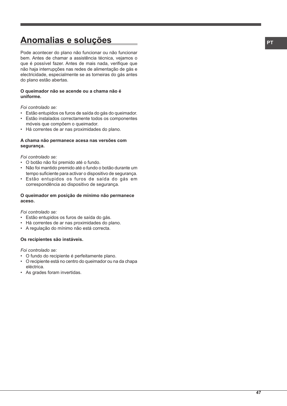 Anomalias e soluções | Hotpoint Ariston PK 755 D GH X-HA User Manual | Page 47 / 80