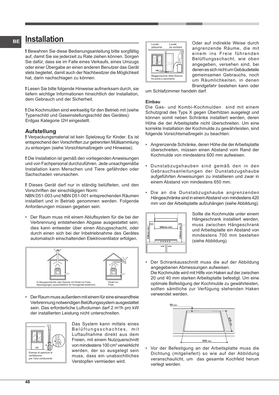 Installation, Aufstellung | Hotpoint Ariston PK 755 D GH X-HA User Manual | Page 48 / 80