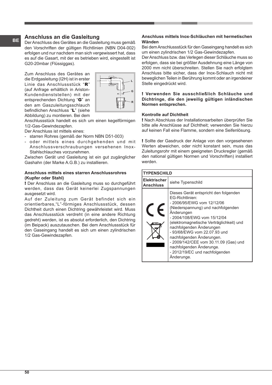 Anschluss an die gasleitung | Hotpoint Ariston PK 755 D GH X-HA User Manual | Page 50 / 80