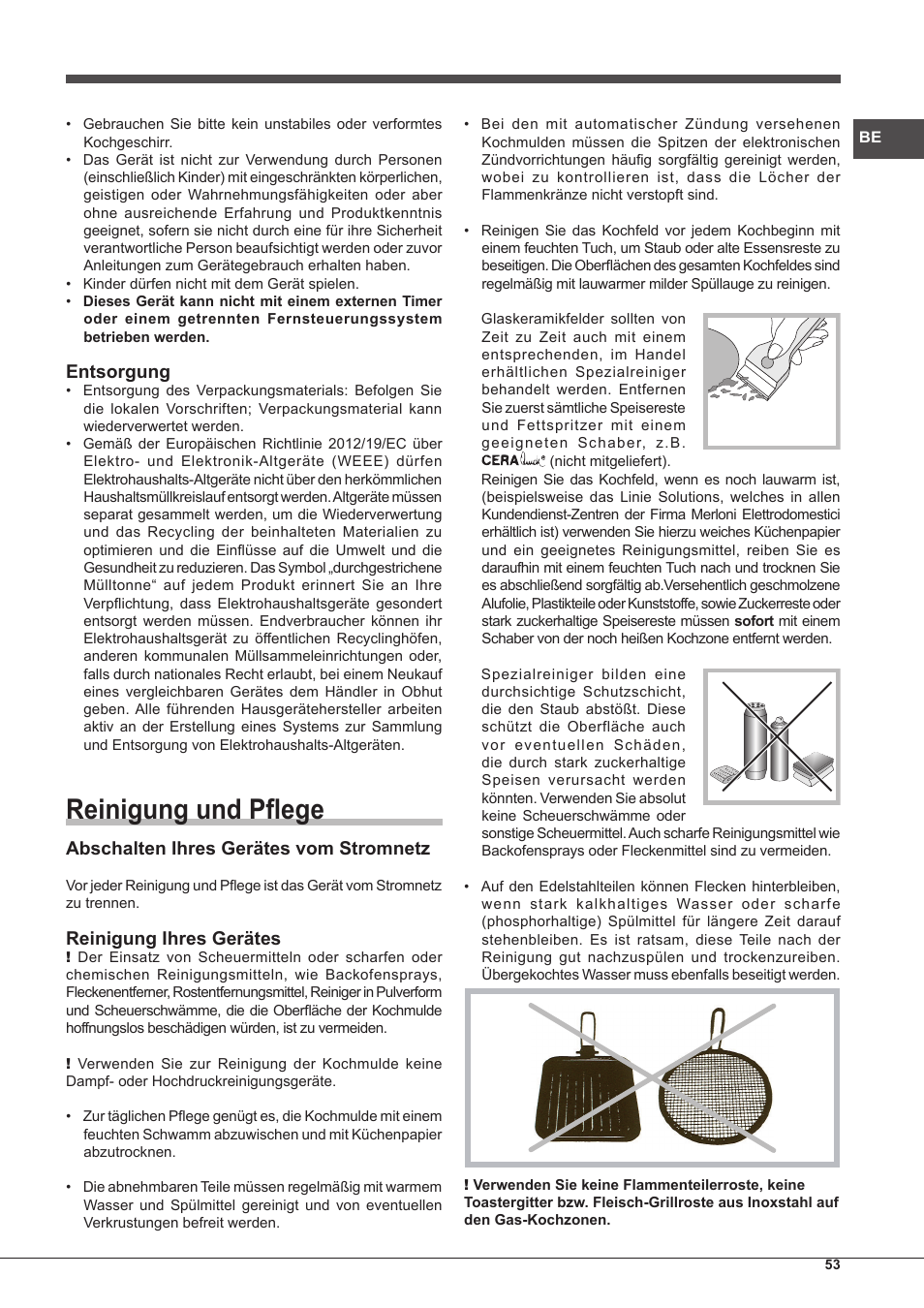 Reinigung und pflege, Entsorgung, Abschalten ihres gerätes vom stromnetz | Reinigung ihres gerätes | Hotpoint Ariston PK 755 D GH X-HA User Manual | Page 53 / 80