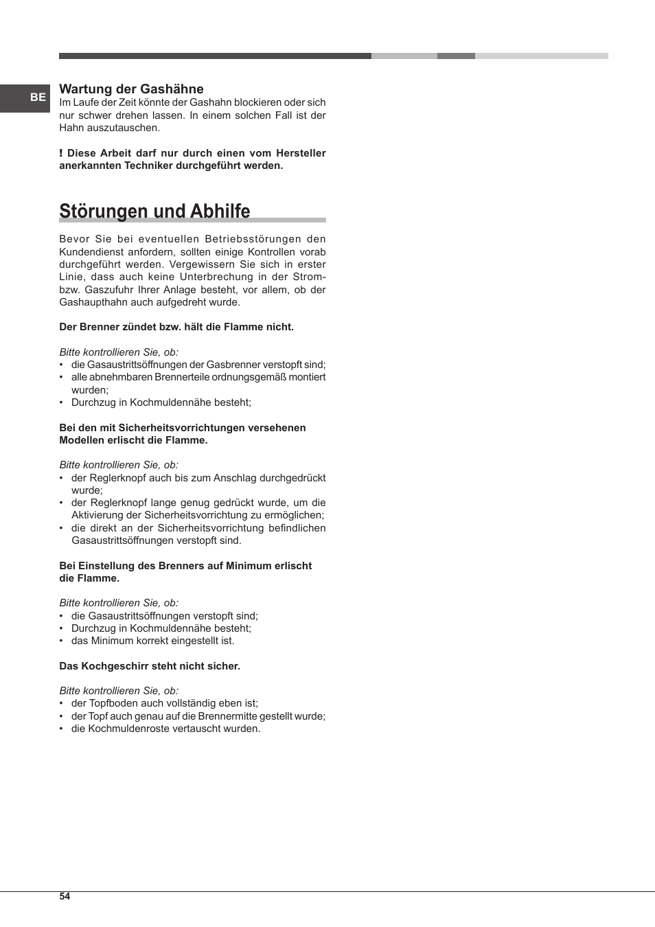 Störungen und abhilfe, Wartung der gashähne | Hotpoint Ariston PK 755 D GH X-HA User Manual | Page 54 / 80