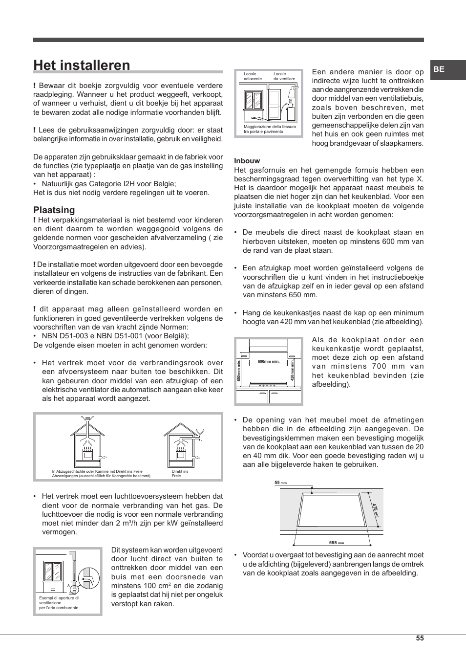 Het installeren, Plaatsing | Hotpoint Ariston PK 755 D GH X-HA User Manual | Page 55 / 80