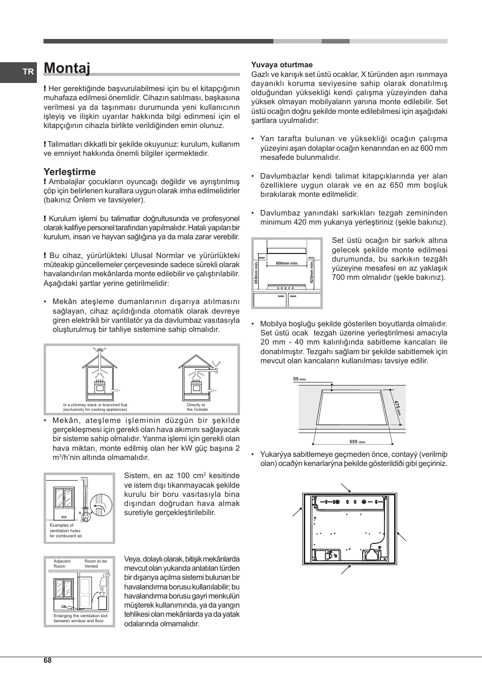 Montaj, Yerleştirme | Hotpoint Ariston PK 755 D GH X-HA User Manual | Page 68 / 80