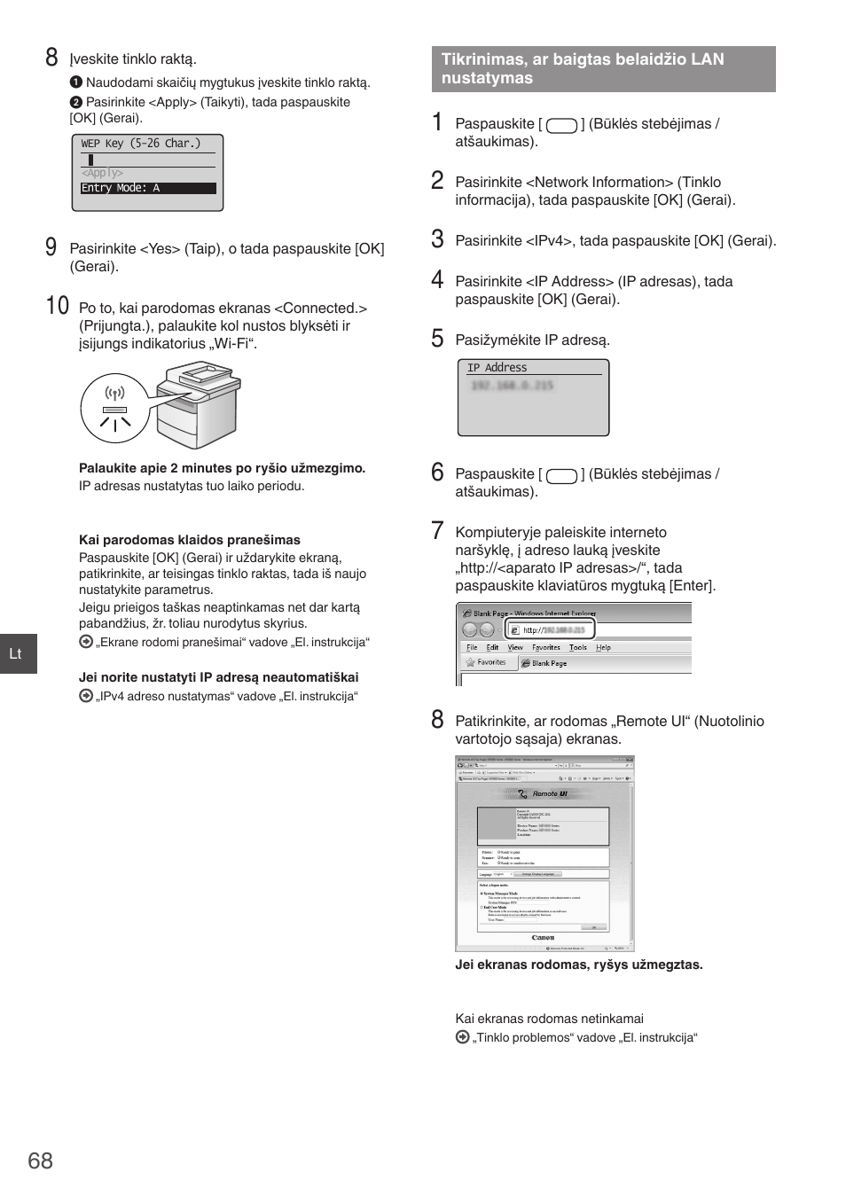 Tikrinimas, ar baigtas belaidžio lan, Nustatymas, Tikrinimas, ar baigtas belaidžio lan nustatymas | 68 psl.) | Canon i-SENSYS MF4780w User Manual | Page 68 / 120