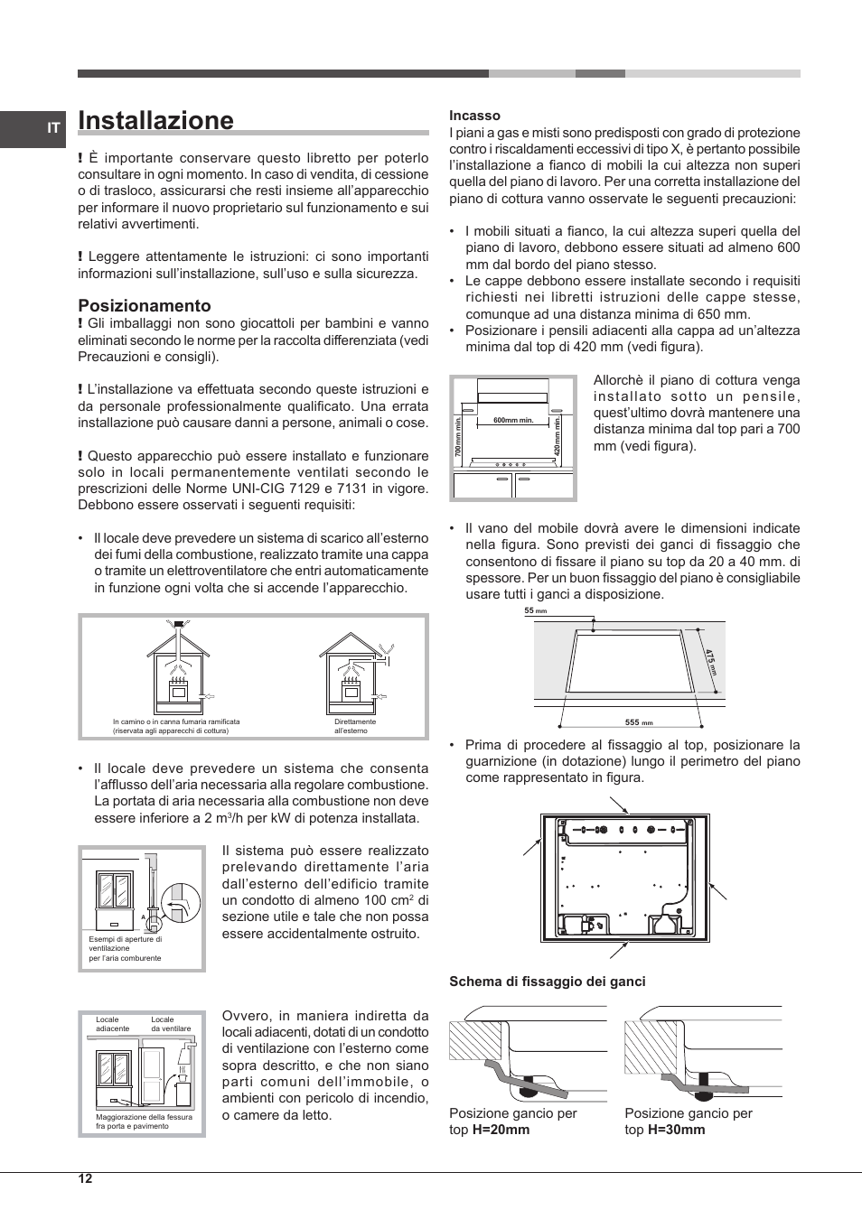 Installazione, Posizionamento | Hotpoint Ariston PKQ 755 D GH (K)-HA User Manual | Page 12 / 68