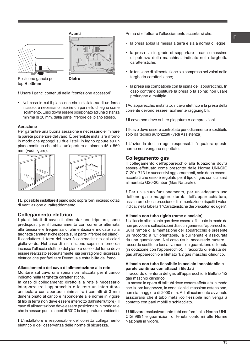 Collegamento elettrico, Collegamento gas | Hotpoint Ariston PKQ 755 D GH (K)-HA User Manual | Page 13 / 68