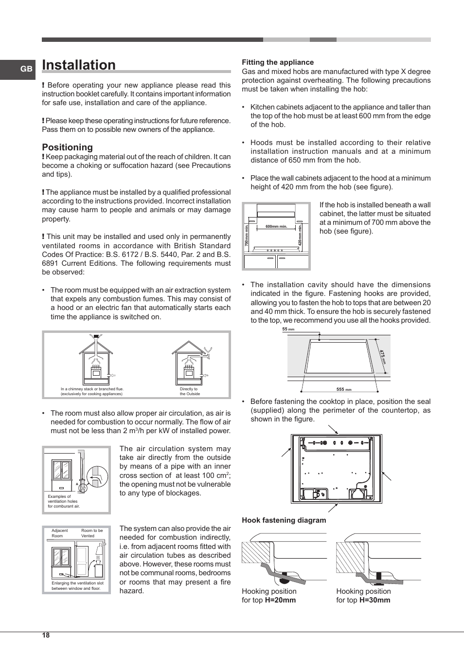 Installation, Positioning | Hotpoint Ariston PKQ 755 D GH (K)-HA User Manual | Page 18 / 68