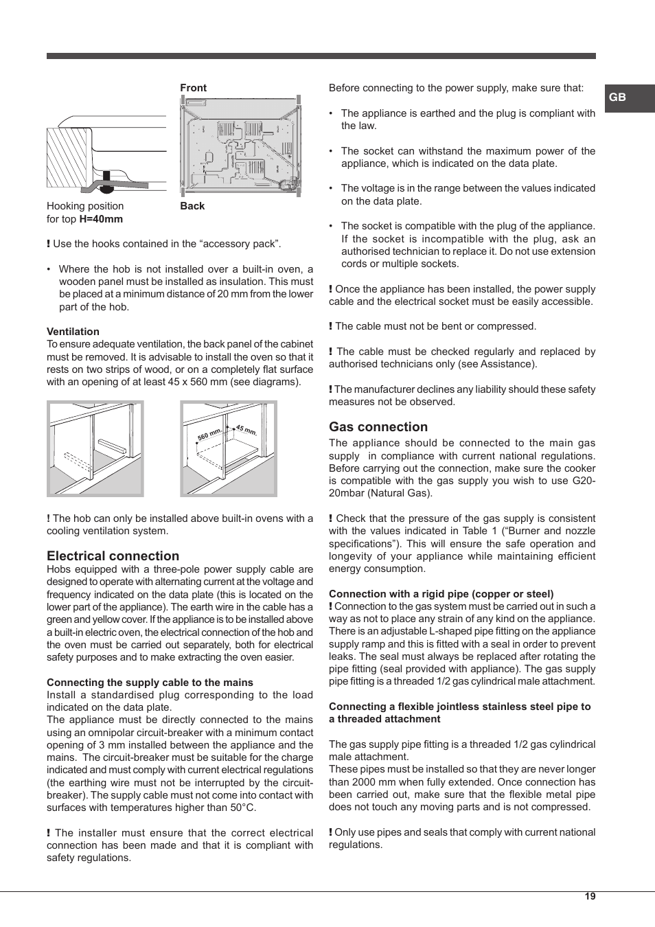 Electrical connection, Gas connection | Hotpoint Ariston PKQ 755 D GH (K)-HA User Manual | Page 19 / 68