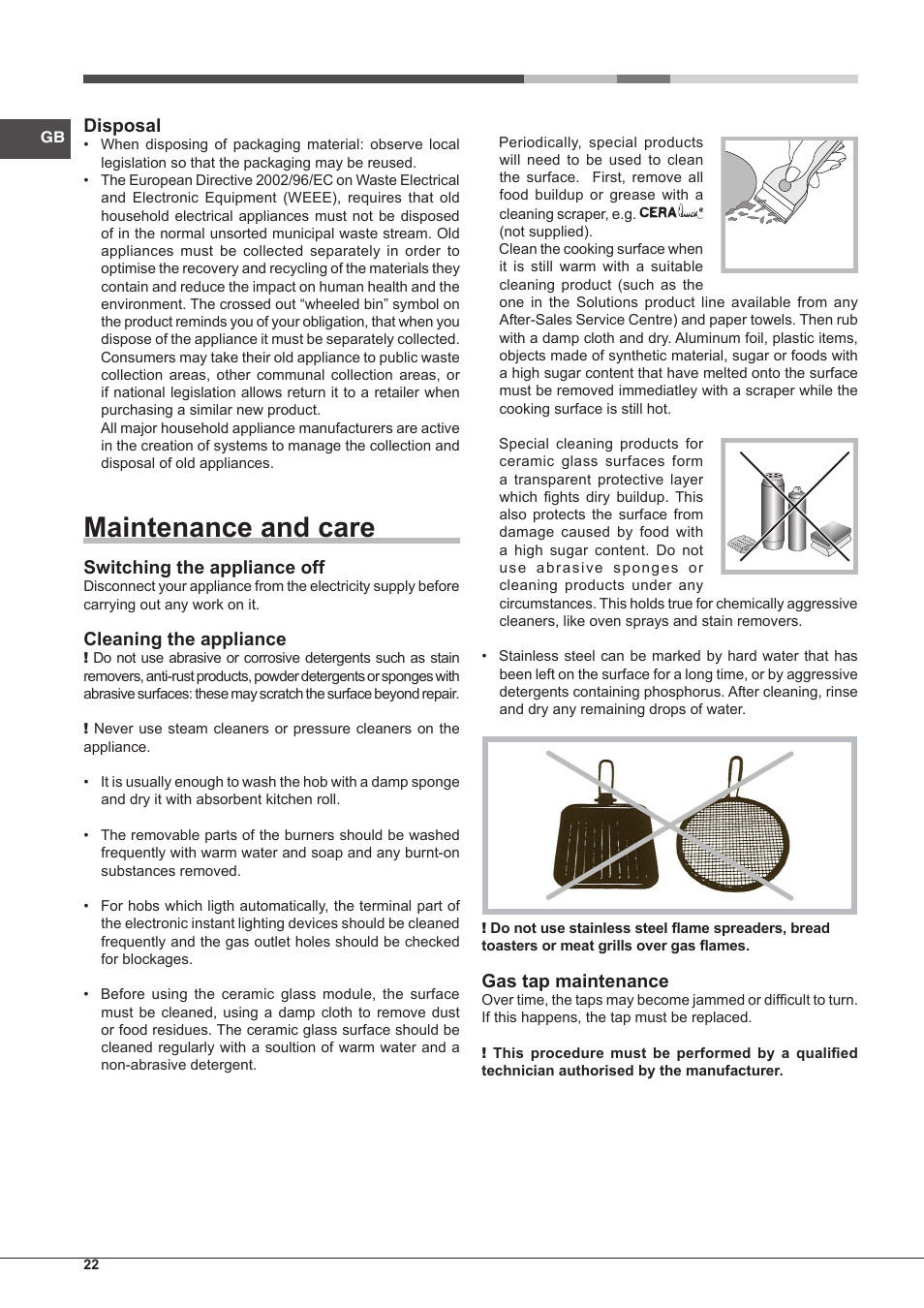Maintenance and care, Disposal, Switching the appliance off | Cleaning the appliance, Gas tap maintenance | Hotpoint Ariston PKQ 755 D GH (K)-HA User Manual | Page 22 / 68