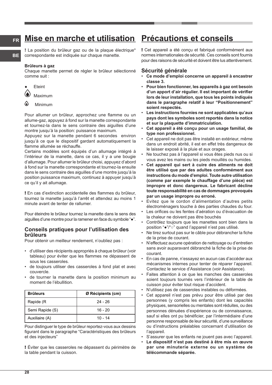 Mise en marche et utilisation, Précautions et conseils, Conseils pratiques pour l’utilisation des brûleurs | Sécurité générale | Hotpoint Ariston PKQ 755 D GH (K)-HA User Manual | Page 28 / 68