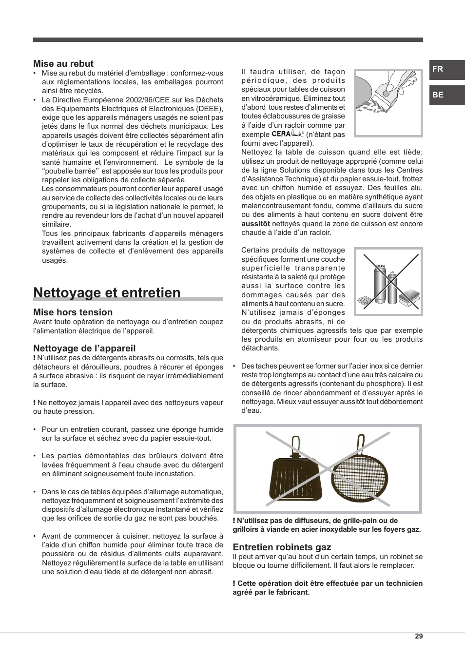 Nettoyage et entretien, Mise au rebut, Mise hors tension | Nettoyage de l’appareil, Entretien robinets gaz | Hotpoint Ariston PKQ 755 D GH (K)-HA User Manual | Page 29 / 68
