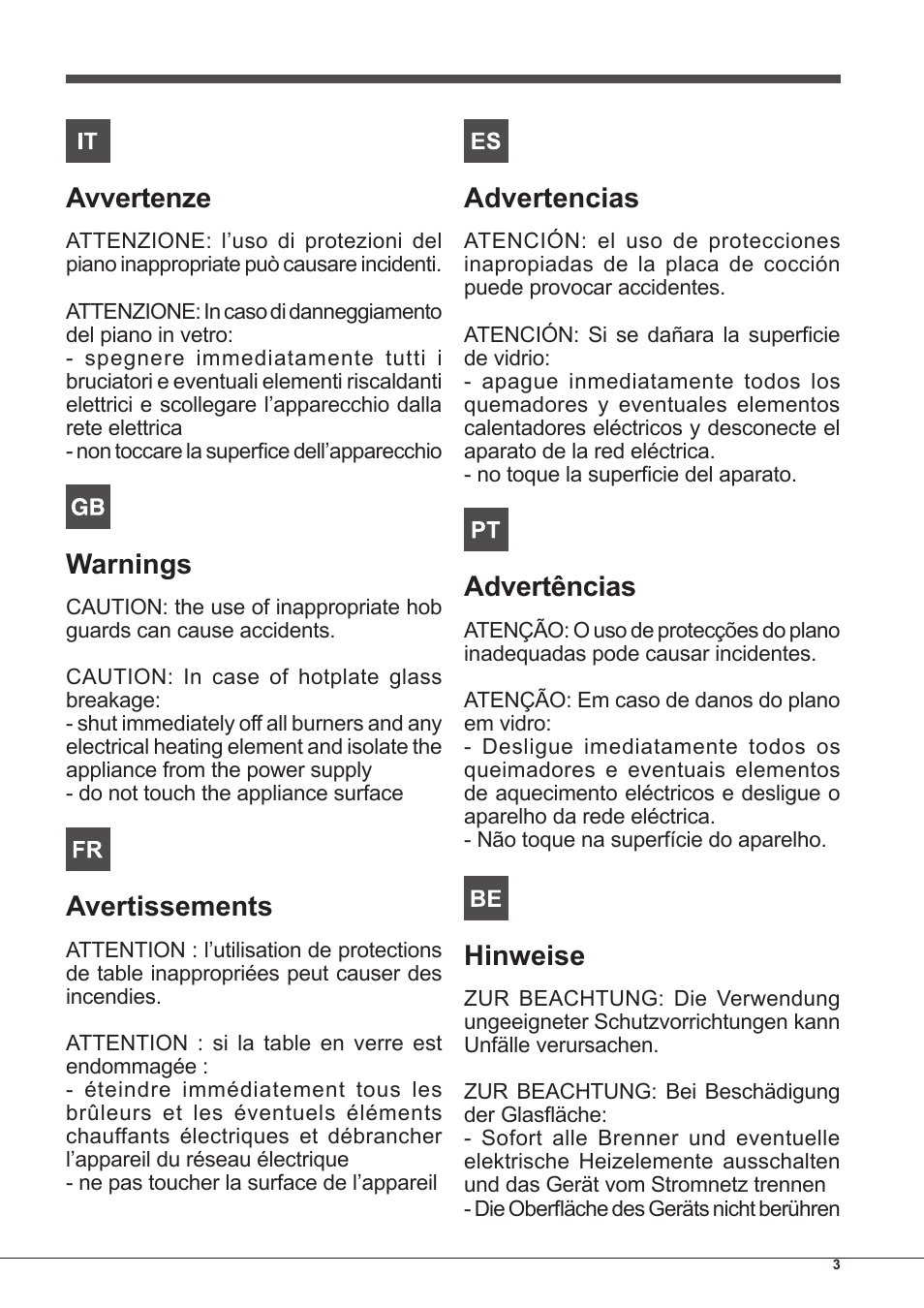 Avvertenze, Warnings, Avertissements | Advertencias, Advertências, Hinweise | Hotpoint Ariston PKQ 755 D GH (K)-HA User Manual | Page 3 / 68