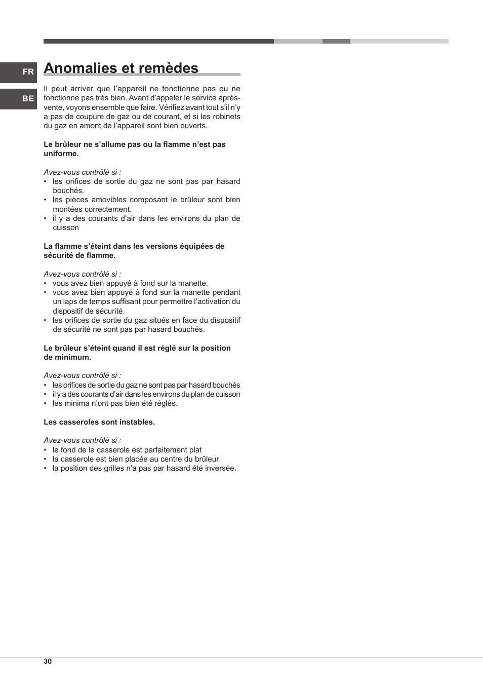 Anomalies et remèdes | Hotpoint Ariston PKQ 755 D GH (K)-HA User Manual | Page 30 / 68