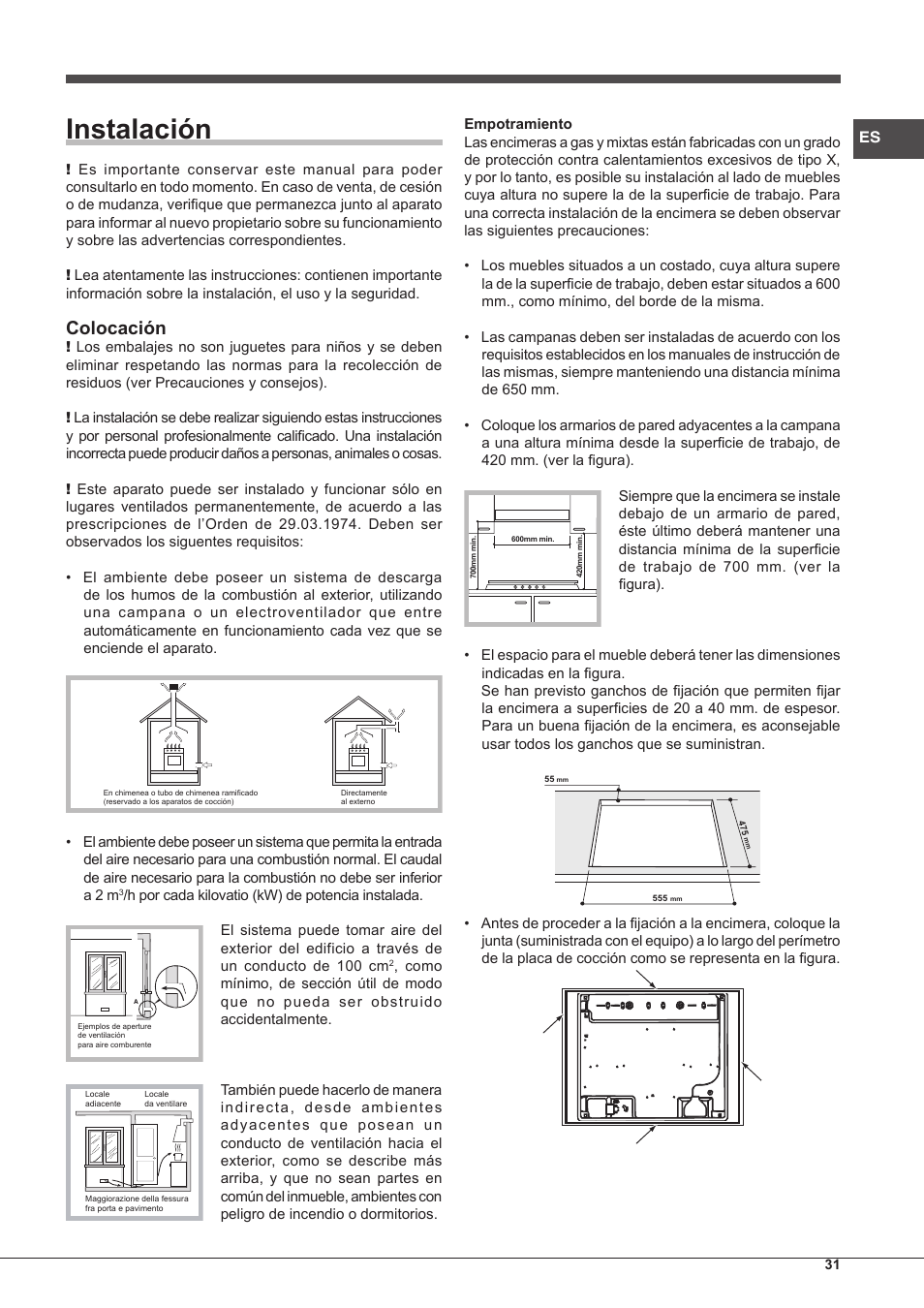 Instalación, Colocación | Hotpoint Ariston PKQ 755 D GH (K)-HA User Manual | Page 31 / 68