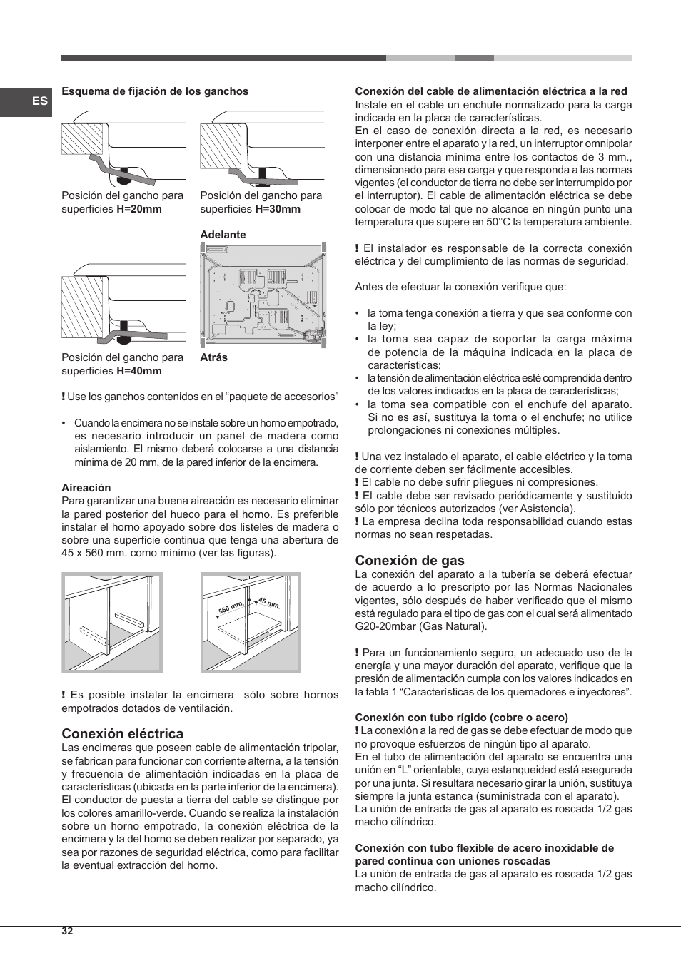 Conexión eléctrica, Conexión de gas | Hotpoint Ariston PKQ 755 D GH (K)-HA User Manual | Page 32 / 68