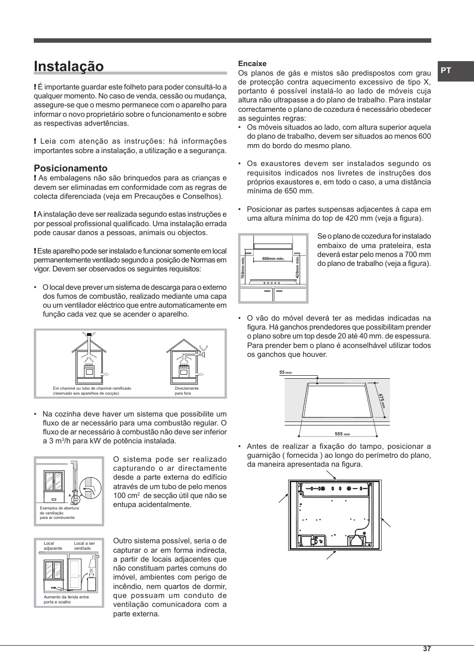 Instalação, Posicionamento | Hotpoint Ariston PKQ 755 D GH (K)-HA User Manual | Page 37 / 68