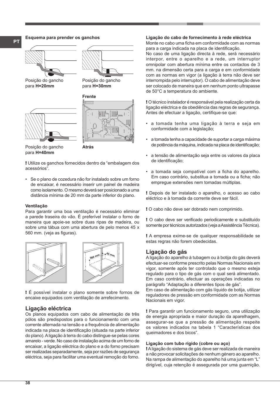 Ligação eléctrica, Ligação do gás | Hotpoint Ariston PKQ 755 D GH (K)-HA User Manual | Page 38 / 68