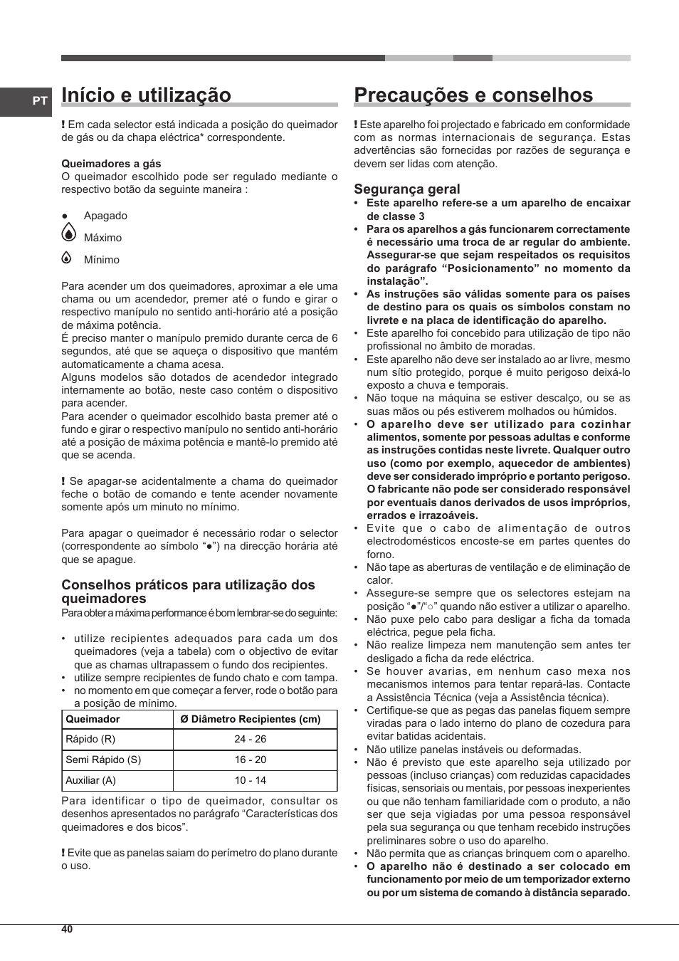 Início e utilização, Precauções e conselhos, Conselhos práticos para utilização dos queimadores | Segurança geral | Hotpoint Ariston PKQ 755 D GH (K)-HA User Manual | Page 40 / 68