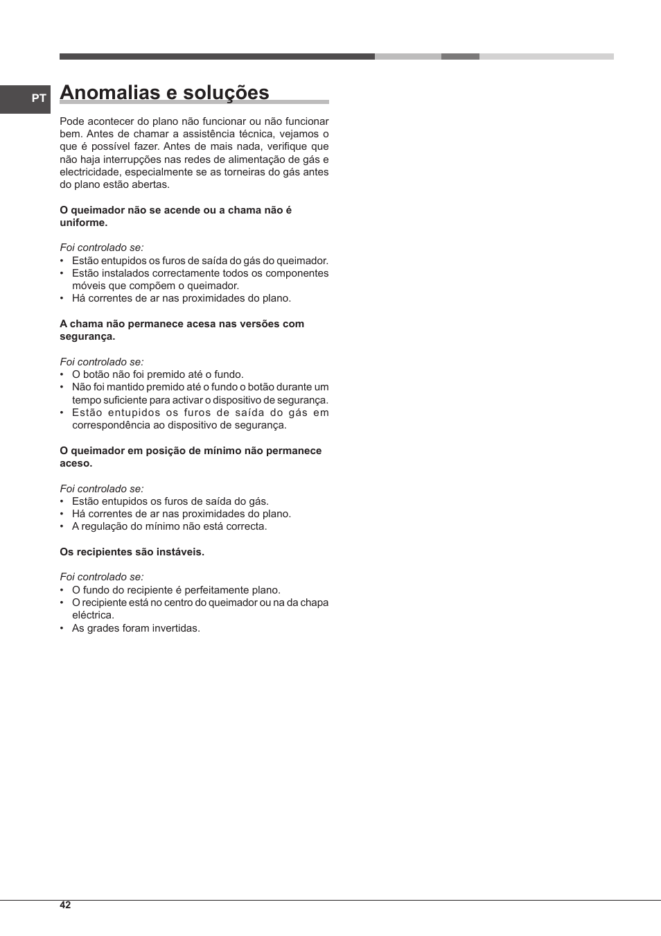 Anomalias e soluções | Hotpoint Ariston PKQ 755 D GH (K)-HA User Manual | Page 42 / 68