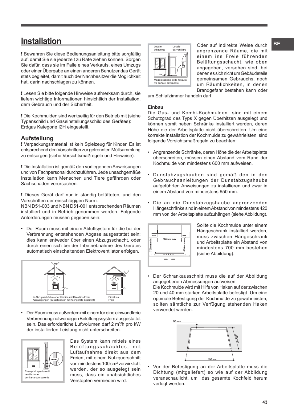 Installation, Aufstellung | Hotpoint Ariston PKQ 755 D GH (K)-HA User Manual | Page 43 / 68