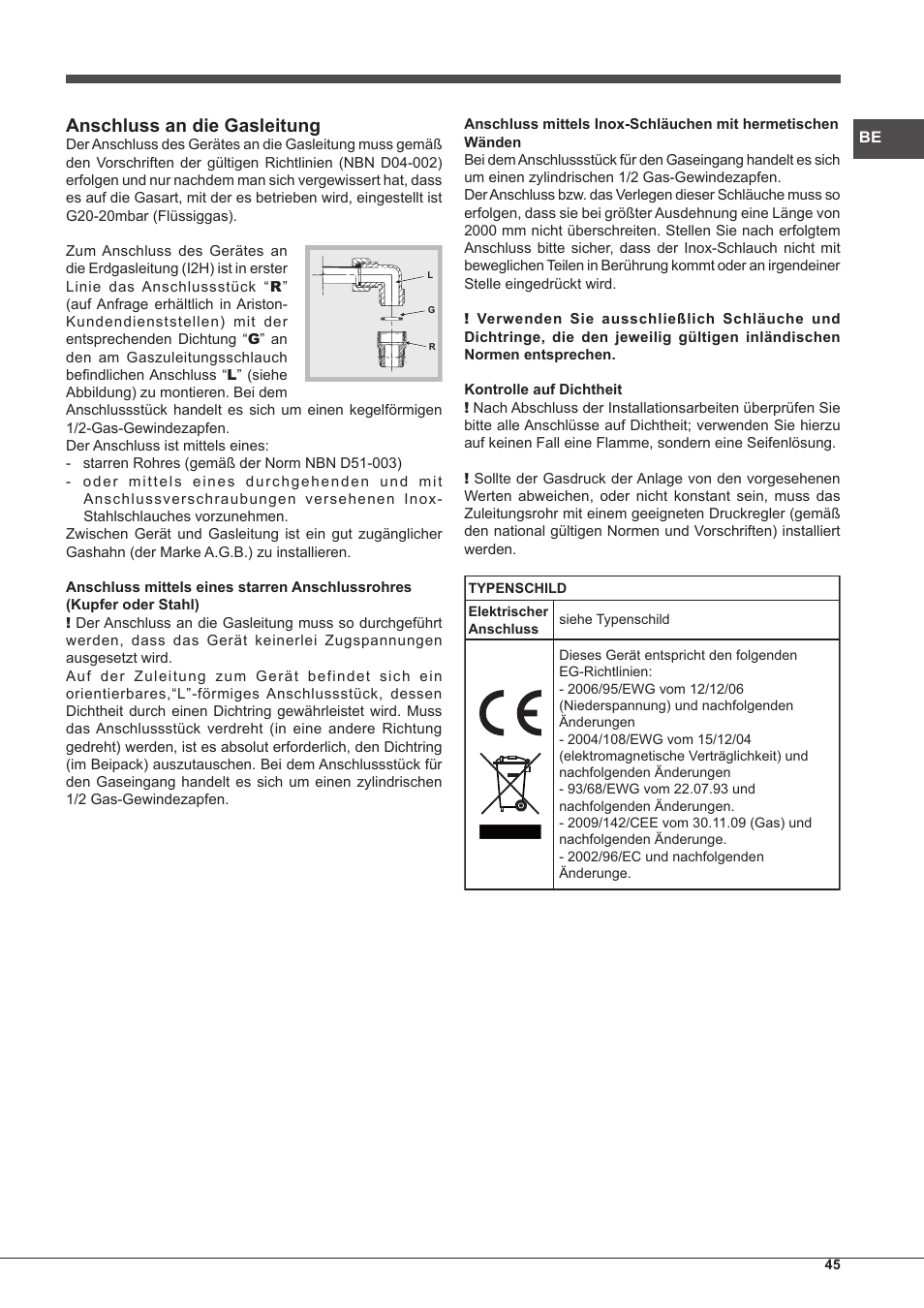 Anschluss an die gasleitung | Hotpoint Ariston PKQ 755 D GH (K)-HA User Manual | Page 45 / 68