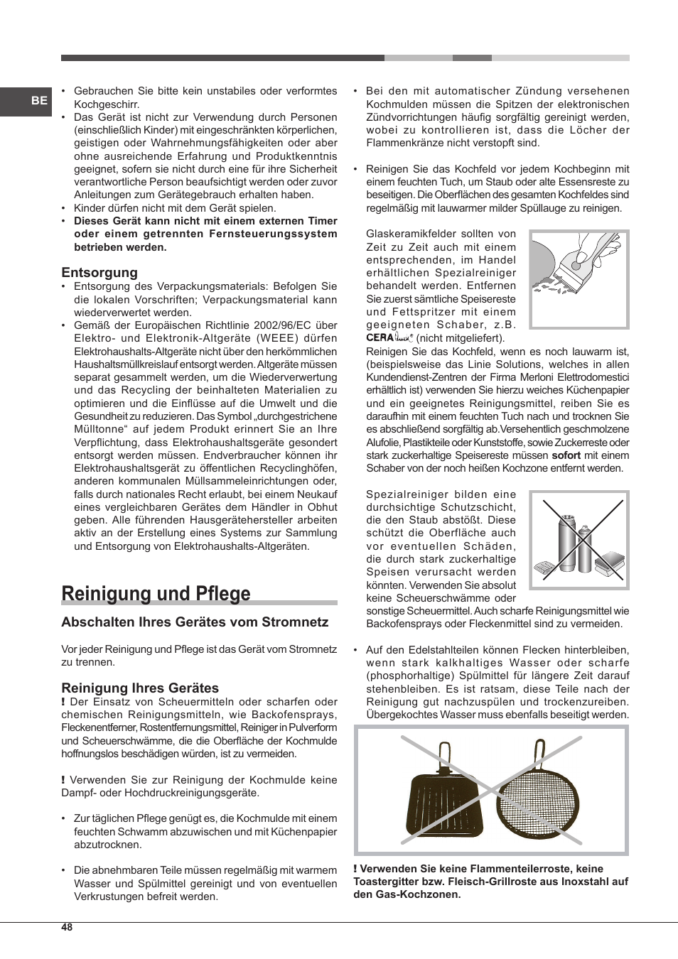 Reinigung und pflege, Entsorgung, Abschalten ihres gerätes vom stromnetz | Reinigung ihres gerätes | Hotpoint Ariston PKQ 755 D GH (K)-HA User Manual | Page 48 / 68