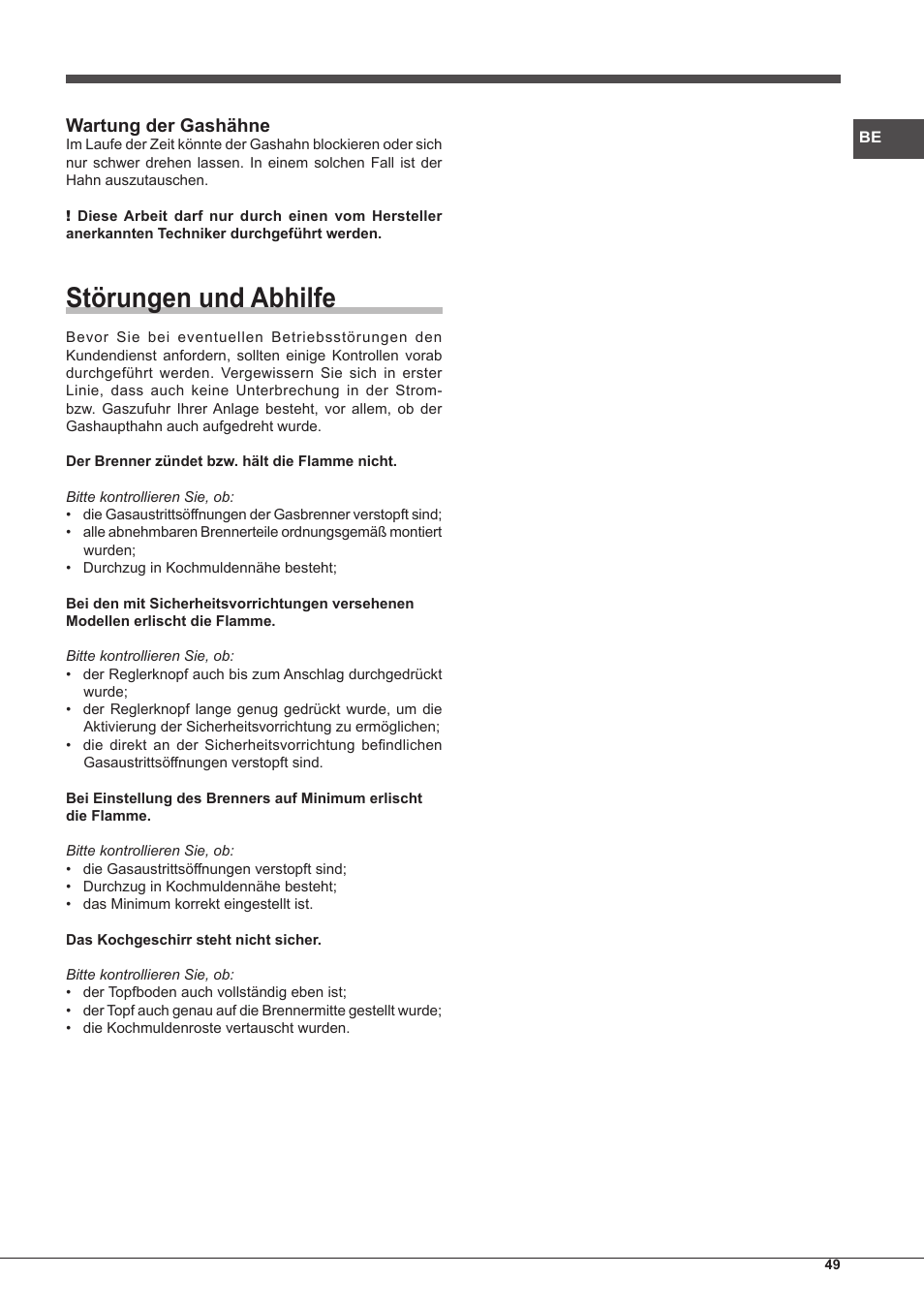 Störungen und abhilfe, Wartung der gashähne | Hotpoint Ariston PKQ 755 D GH (K)-HA User Manual | Page 49 / 68