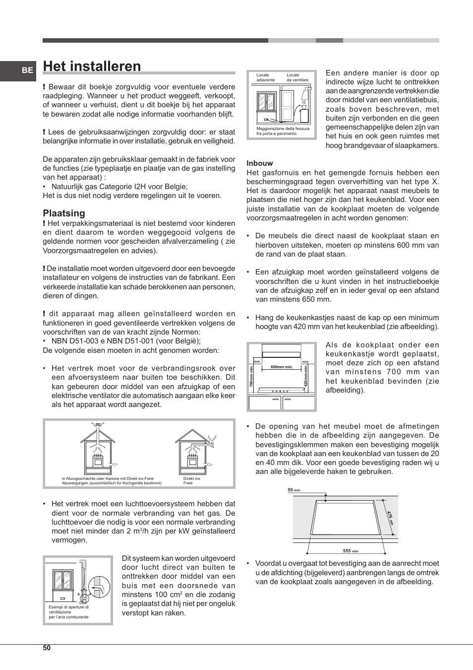 Het installeren, Plaatsing | Hotpoint Ariston PKQ 755 D GH (K)-HA User Manual | Page 50 / 68