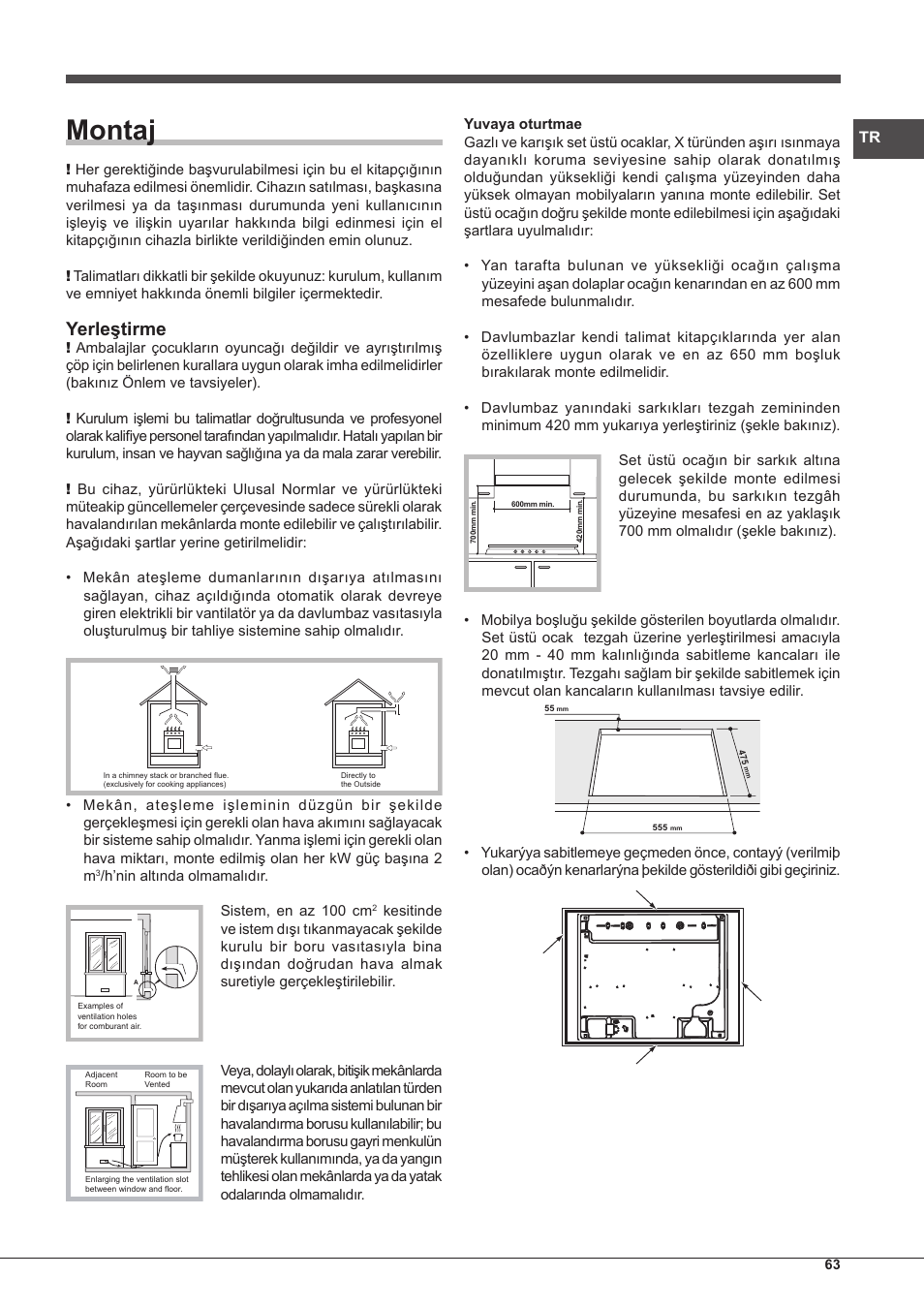 Montaj, Yerleştirme | Hotpoint Ariston PKQ 755 D GH (K)-HA User Manual | Page 63 / 68