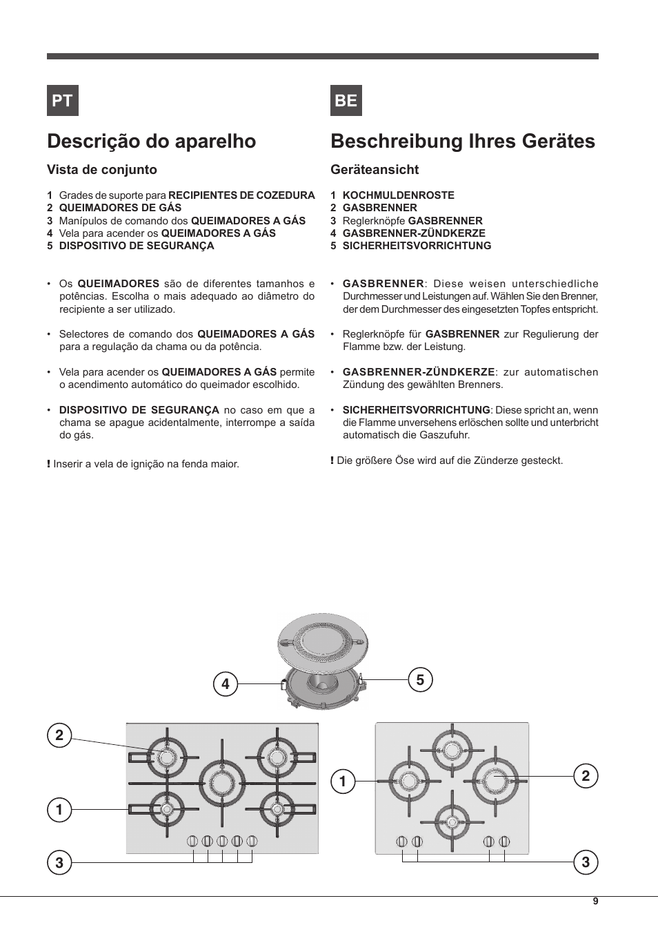 Descrição do aparelho, Beschreibung ihres gerätes | Hotpoint Ariston PKQ 755 D GH (K)-HA User Manual | Page 9 / 68