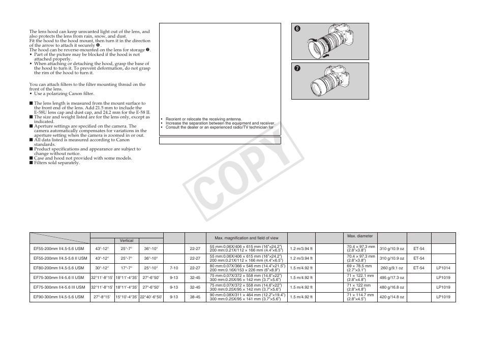 Cop y | Canon EF 75-300mm f4-5.6 III USM User Manual | Page 2 / 2
