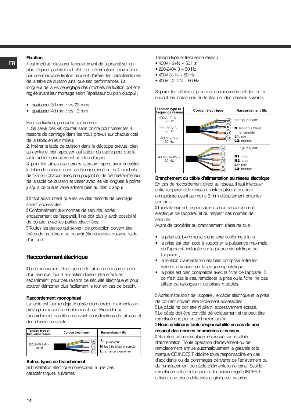 Raccordement électrique | Hotpoint Ariston KIO 744 DD Z User Manual | Page 14 / 56