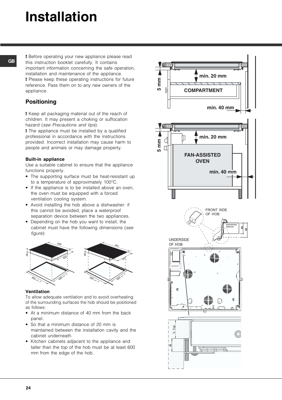 Installation, Positioning | Hotpoint Ariston KIO 744 DD Z User Manual | Page 24 / 56
