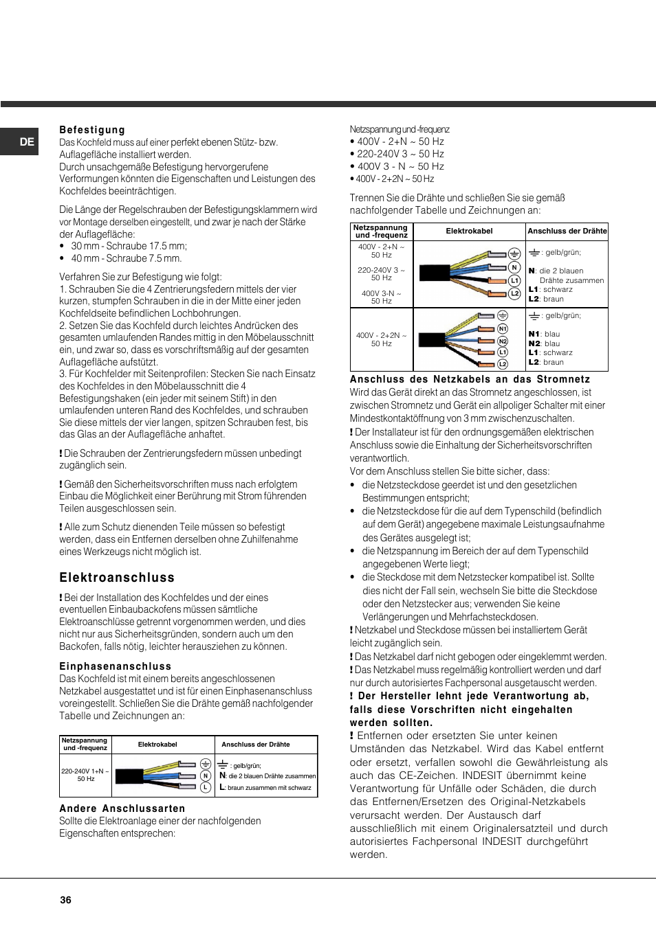 Elektroanschluss | Hotpoint Ariston KIO 744 DD Z User Manual | Page 36 / 56