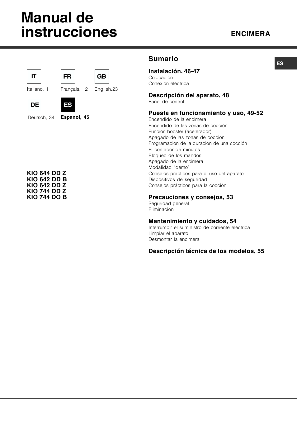 Manual de instrucciones | Hotpoint Ariston KIO 744 DD Z User Manual | Page 45 / 56