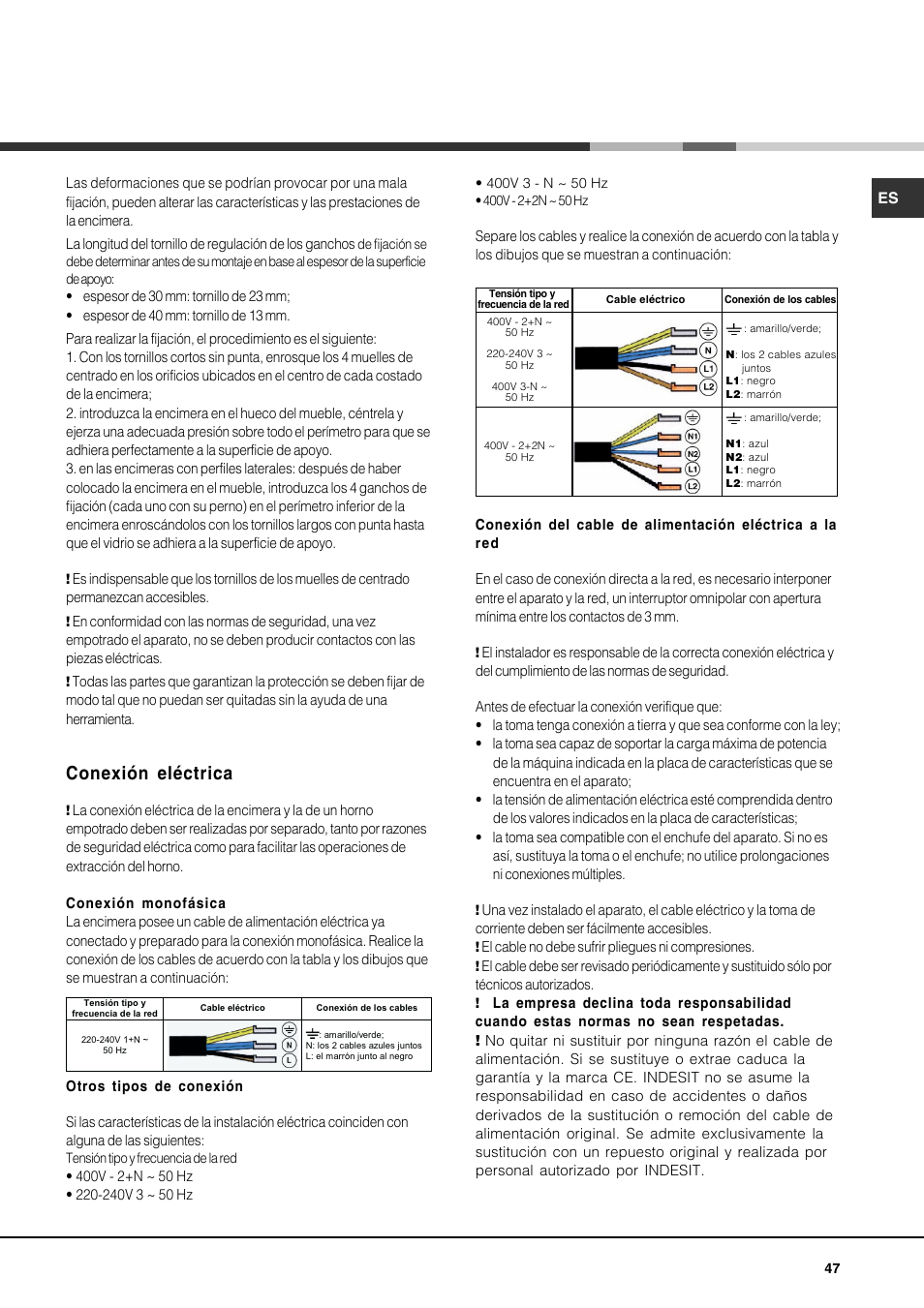 Conexión eléctrica | Hotpoint Ariston KIO 744 DD Z User Manual | Page 47 / 56