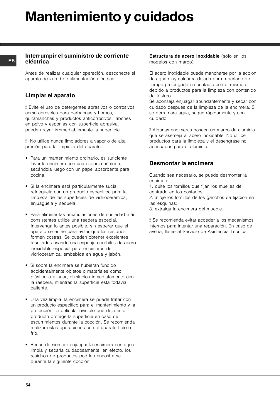Mantenimiento y cuidados | Hotpoint Ariston KIO 744 DD Z User Manual | Page 54 / 56