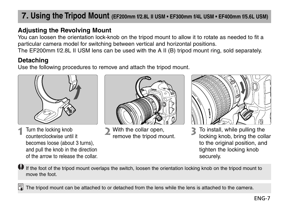 Using the tripod mount | Canon EF 135mm f2L USM User Manual | Page 8 / 15