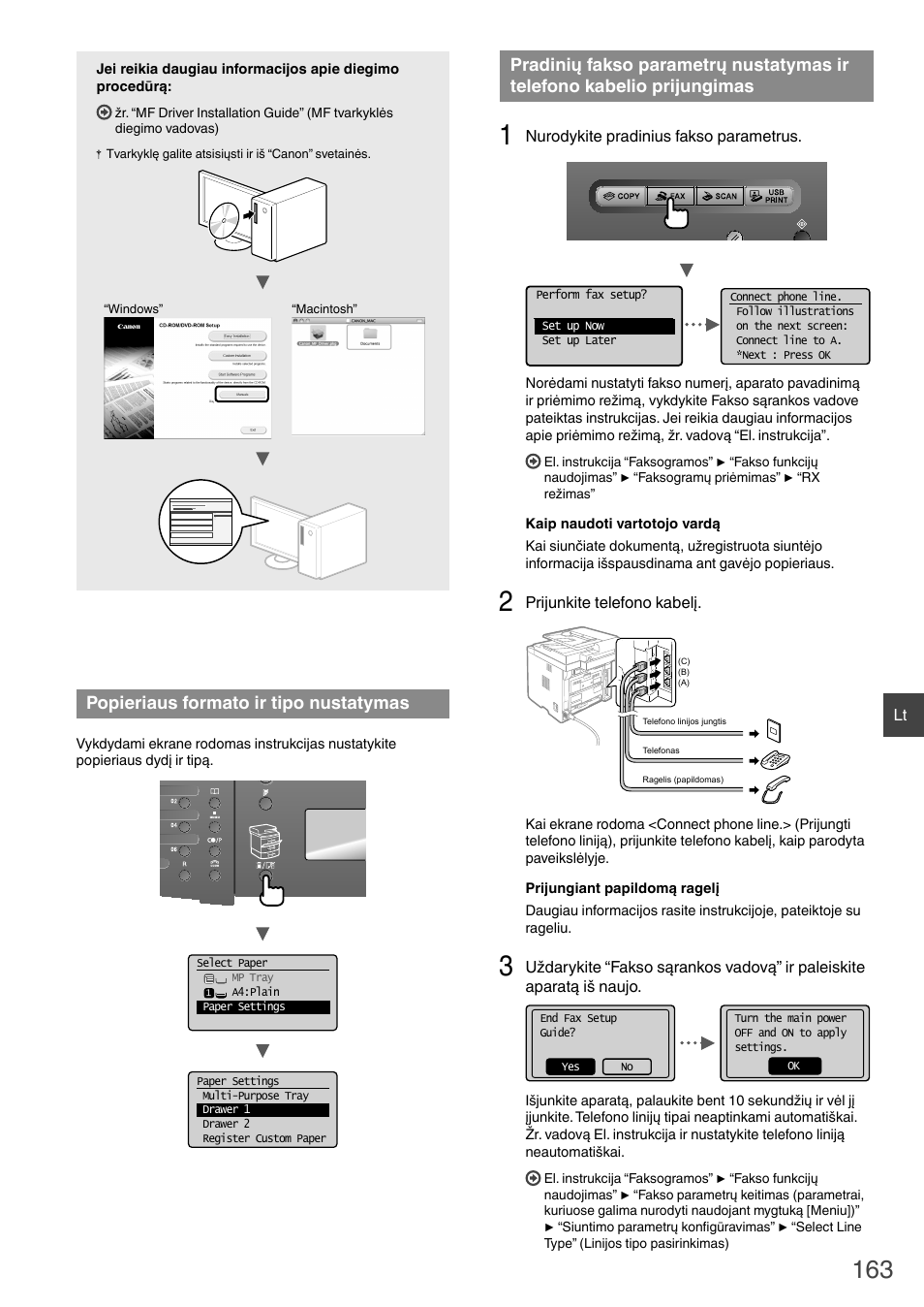 Ir telefono kabelio prijungimas, Popieriaus formato ir tipo nustatymas“ (163, Psl.) | Popieriaus formato ir tipo nustatymas | Canon i-SENSYS MF6180dw User Manual | Page 163 / 292