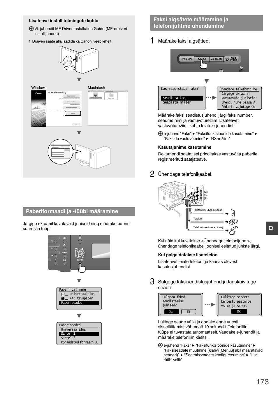 Ühendamine, E teemaga “paberiformaadi ja -tüübi määramine, Lk 173) | Paberiformaadi ja -tüübi määramine | Canon i-SENSYS MF6180dw User Manual | Page 173 / 292