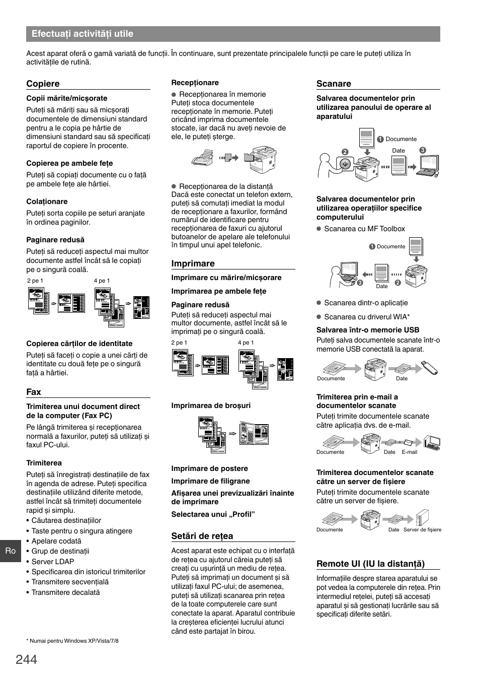 Efectuaţi activităţi utile, Copiere, Imprimare | Setări de reţea, Scanare, Remote ui (iu la distanţă) | Canon i-SENSYS MF6180dw User Manual | Page 244 / 292