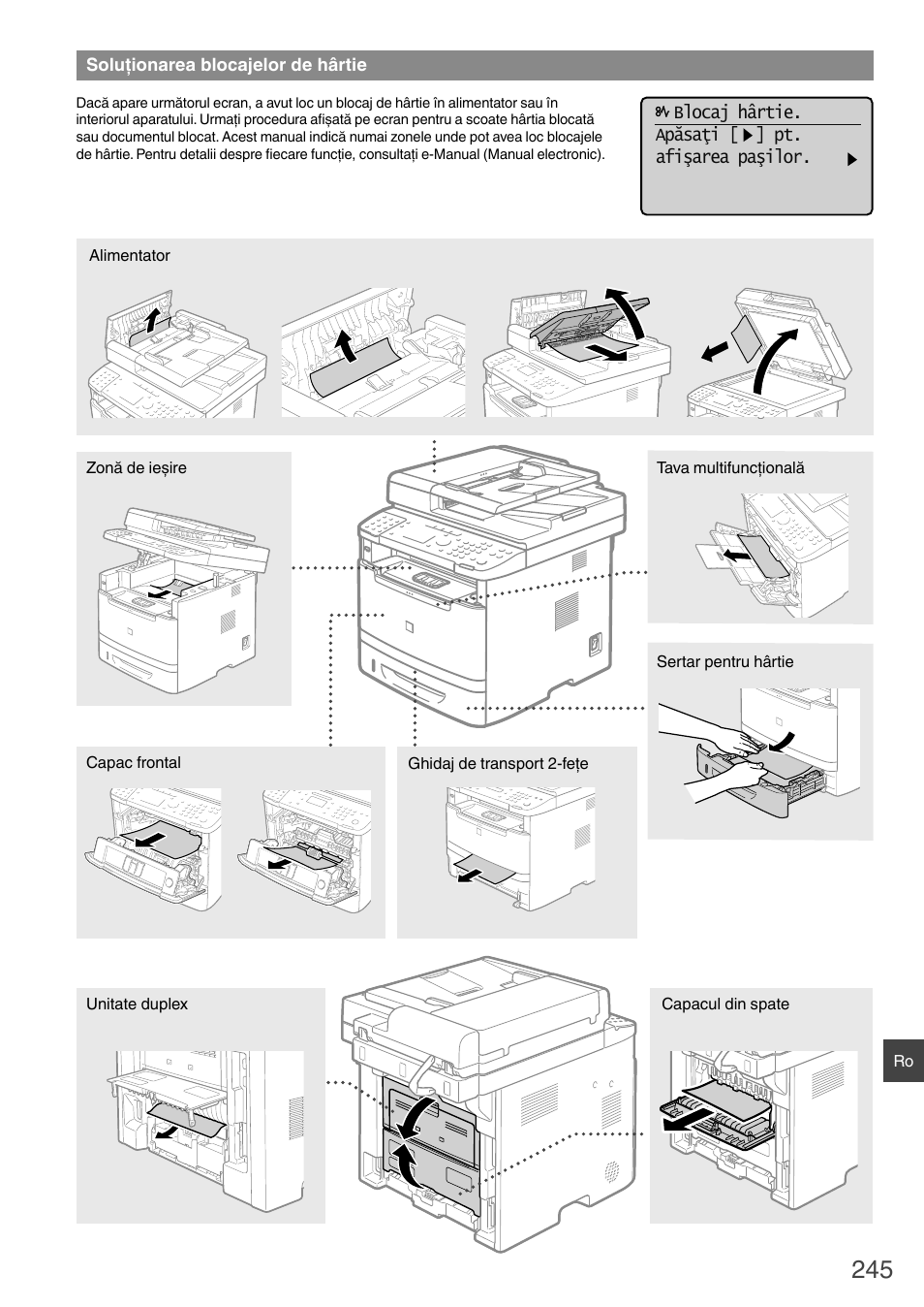 Soluţionarea blocajelor de hârtie | Canon i-SENSYS MF6180dw User Manual | Page 245 / 292
