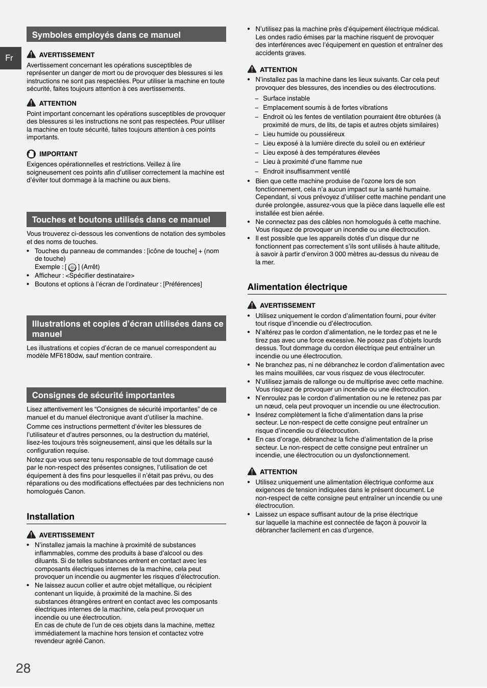 Installation, Alimentation électrique, Fr symboles employés dans ce manuel | Touches et boutons utilisés dans ce manuel, Consignes de sécurité importantes | Canon i-SENSYS MF6180dw User Manual | Page 28 / 292